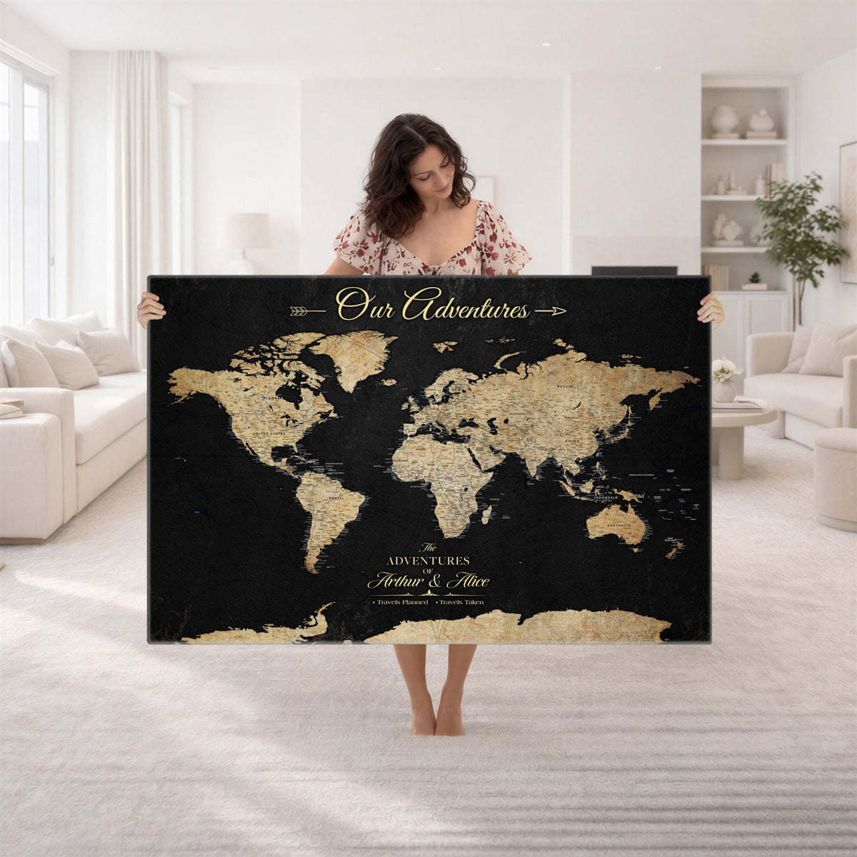 54638998-MGV-CV-36X24 - Custom Push Pin World Map Wall Art Canvas Print | Personalized Travel Tracker with Pins Framed Large for Home and Office Decor