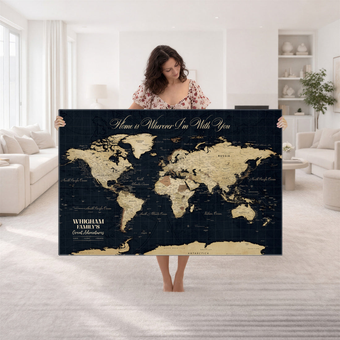Personalized Framed Beige Geometric Push Pin World Map Wall Art, Couples Countries Visited Map, Bedroom and Hallway Decor