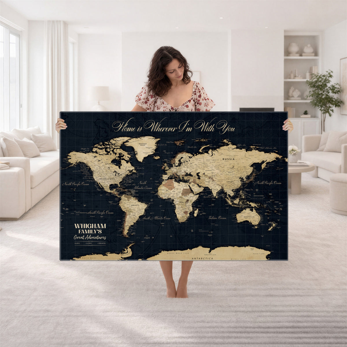 86888698-MGV-CV-36X24 - Custom Push Pin World Map Wall Art Canvas Print | Personalized Travel Tracker with Pins Framed Large for Home and Office Decor