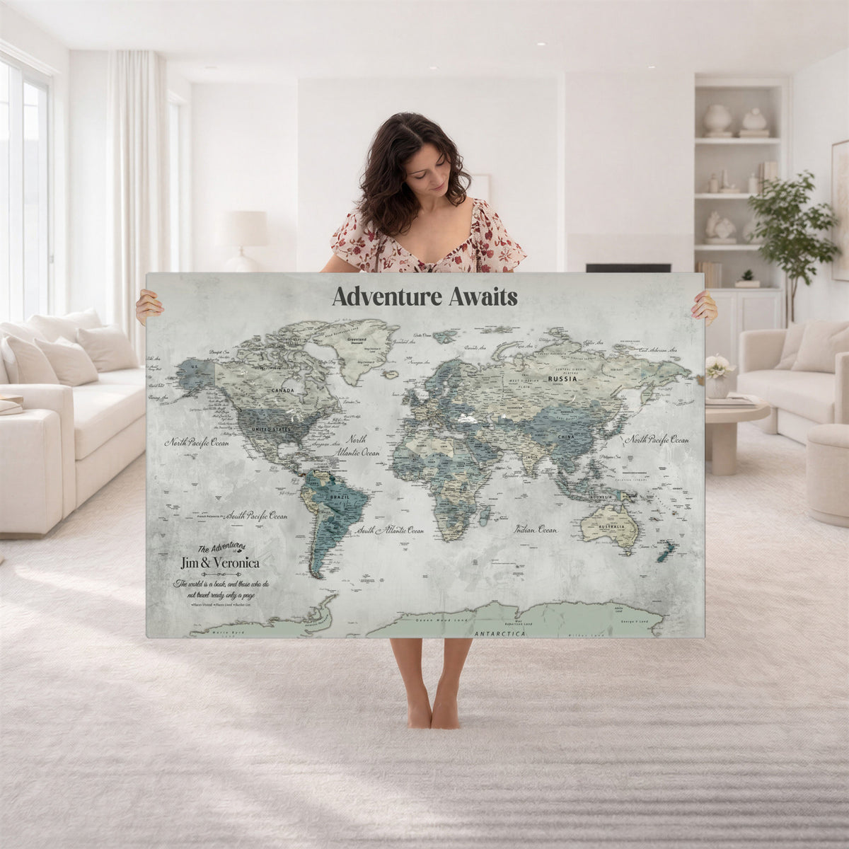 11945570-MGV-CV-36X24 - Custom Push Pin World Map Wall Art Canvas Print | Personalized Travel Tracker with Pins Framed Large for Home and Office Decor