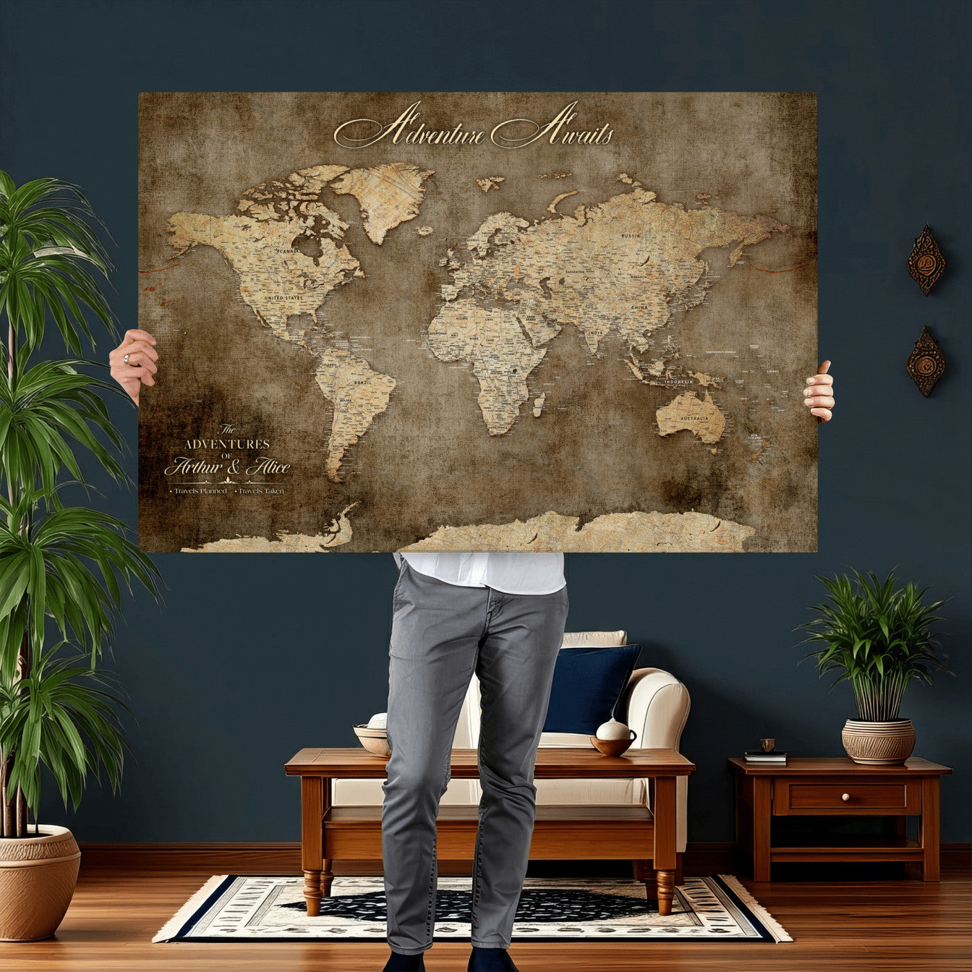 61836190-MGV-CV-36X24 - Custom Push Pin World Map Wall Art Canvas Print – Personalized Travel Tracker with Pins Framed Large for Home and Office Decor