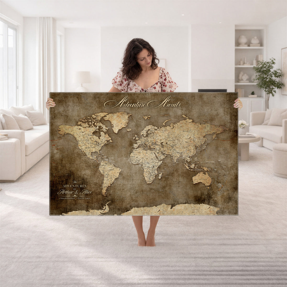 61836190-MGV-CV-36X24 - Custom Push Pin World Map Wall Art Canvas Print | Personalized Travel Tracker with Pins Framed Large for Home and Office Decor