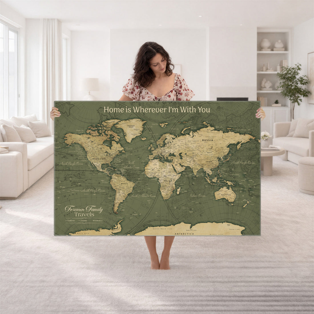 Personalized Framed Beige Geometric Push Pin World Map Canvas Print, Honeymoon and Anniversary Gift, Dining Room and Bedroom Decor
