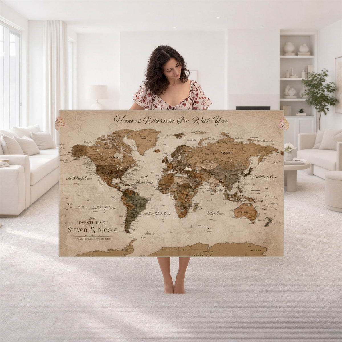 67360040-MGV-CV-36X24 - Personalized Framed Navy Geometric World Map Canvas with Push Pins, Couples Countries Visited Map, Living Room and Hallway Decor