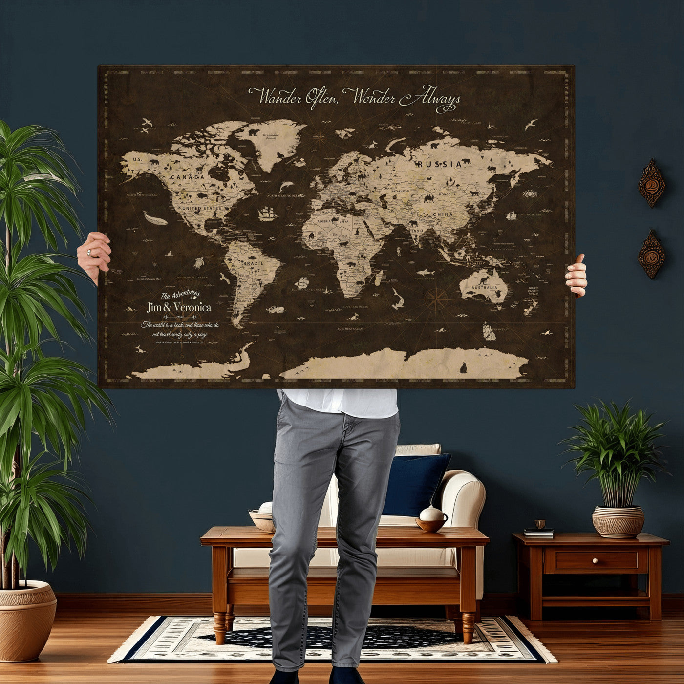 20091587-MGV-CV-36X24 - Custom Push Pin World Map Wall Art Canvas Print – Personalized Travel Tracker with Pins Framed Large for Home and Office Decor