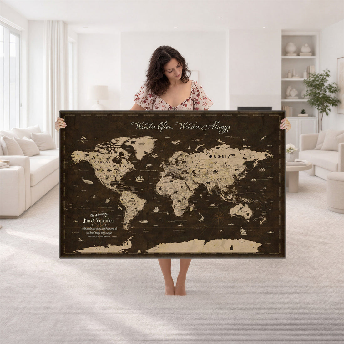 Custom Black Modern World Map Canvas with Push Pins, Kids Room Travel Map with Pins