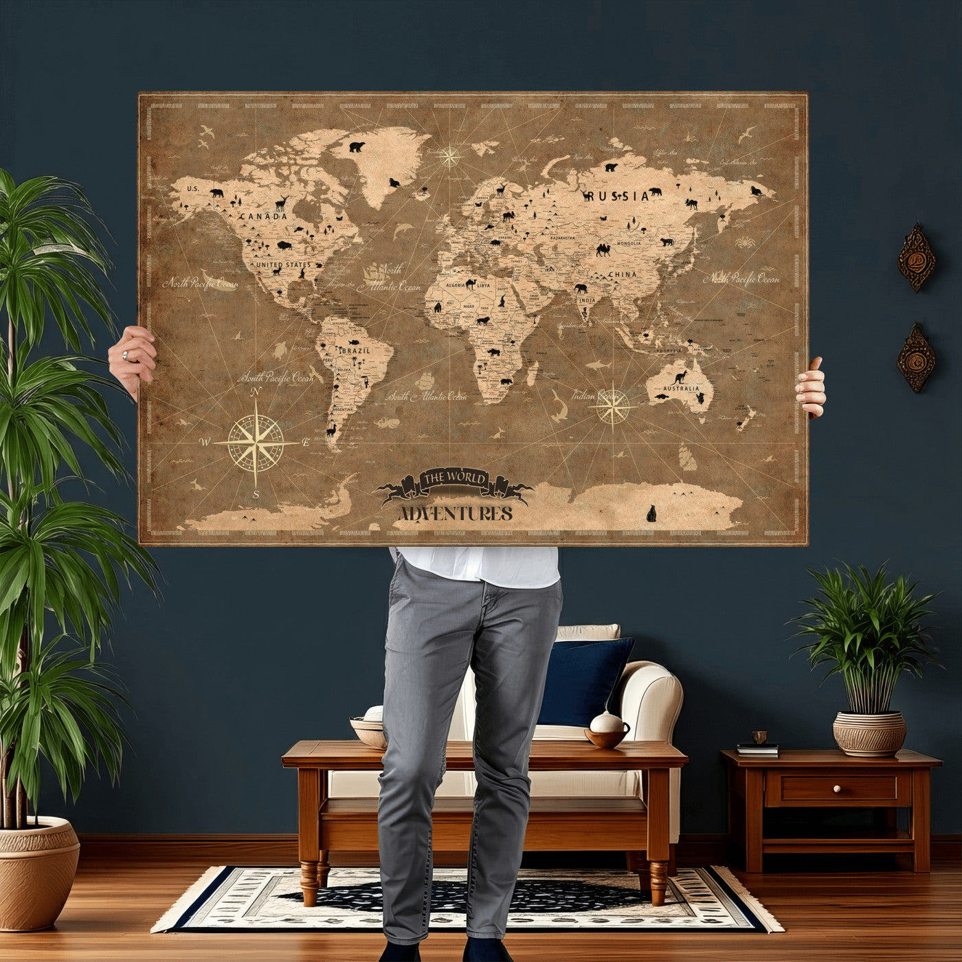16235283-MGV-CV-36X24 - Custom Push Pin World Map Wall Art Canvas Print – Personalized Travel Tracker with Pins Framed Large for Home and Office Decor