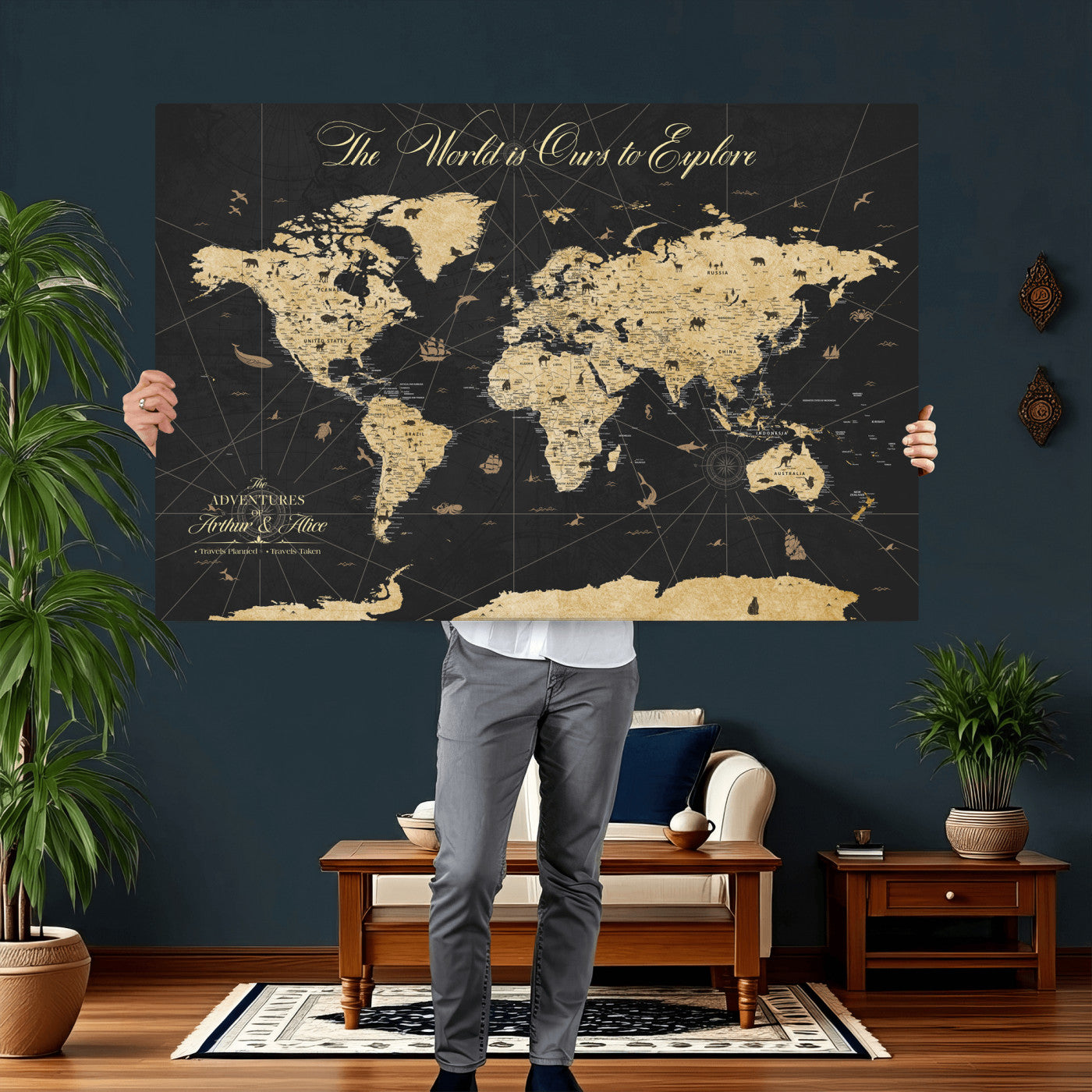 54097664-MGV-CV-36X24 - Custom Push Pin World Map Wall Art Canvas Print – Personalized Travel Tracker with Pins Framed Large for Home and Office Decor