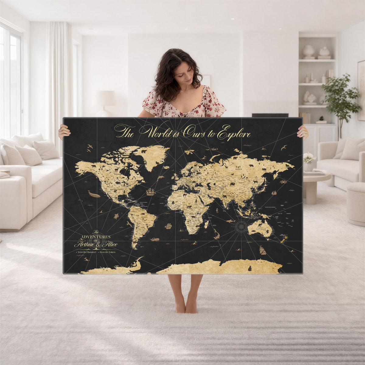 54097664-MGV-CV-36X24 - Custom Push Pin World Map Canvas Print, Couples Countries Visited Map, Living Room and Home Office Decor