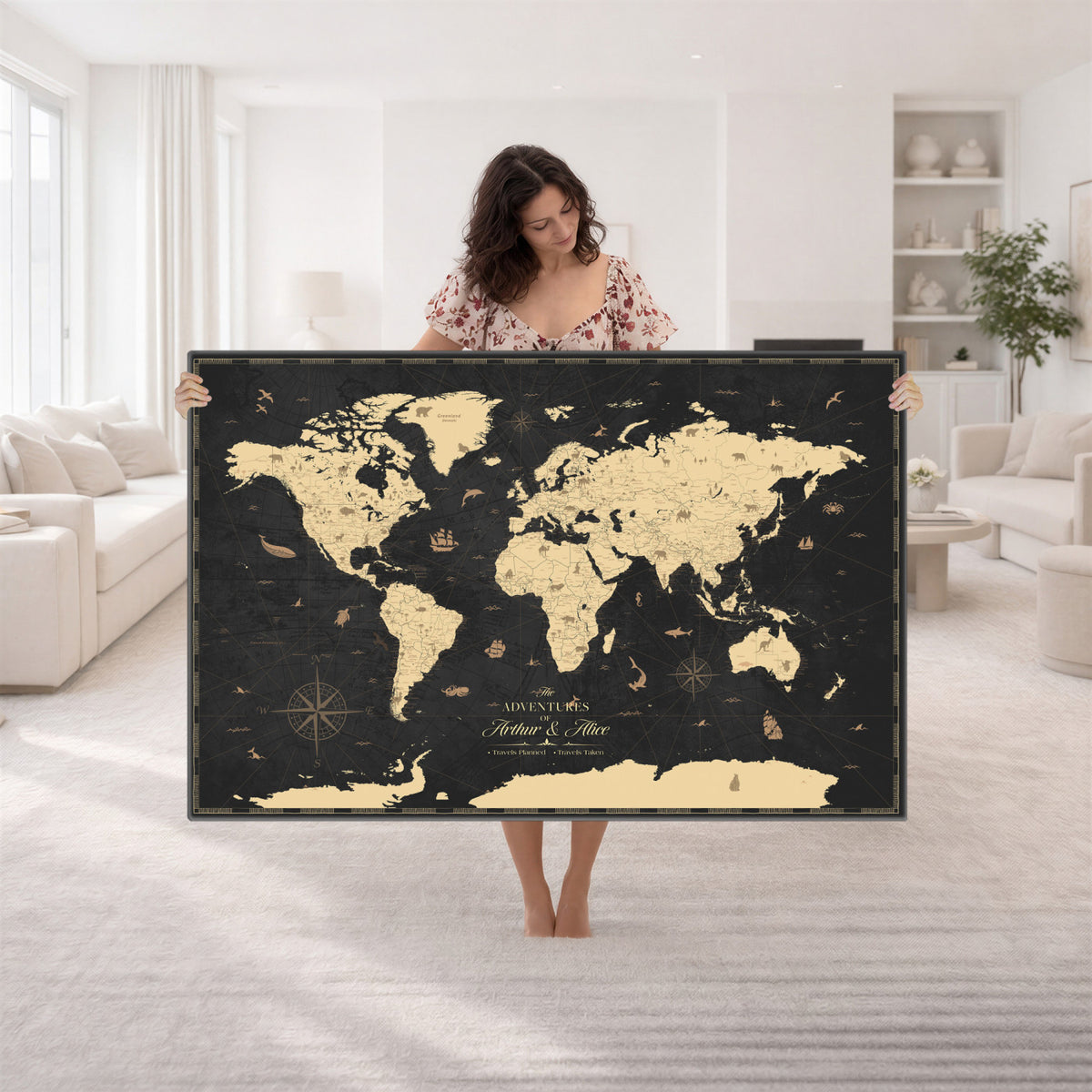 23208482-MGV-CV-36X24 - Custom Push Pin World Map Wall Art Canvas Print | Personalized Travel Tracker with Pins Framed Large for Home and Office Decor