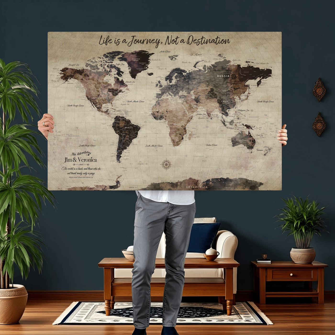 58257942-MGV-CV-36X24 - Custom Push Pin World Map Wall Art Canvas Print – Personalized Travel Tracker with Pins Framed Large for Home and Office Decor