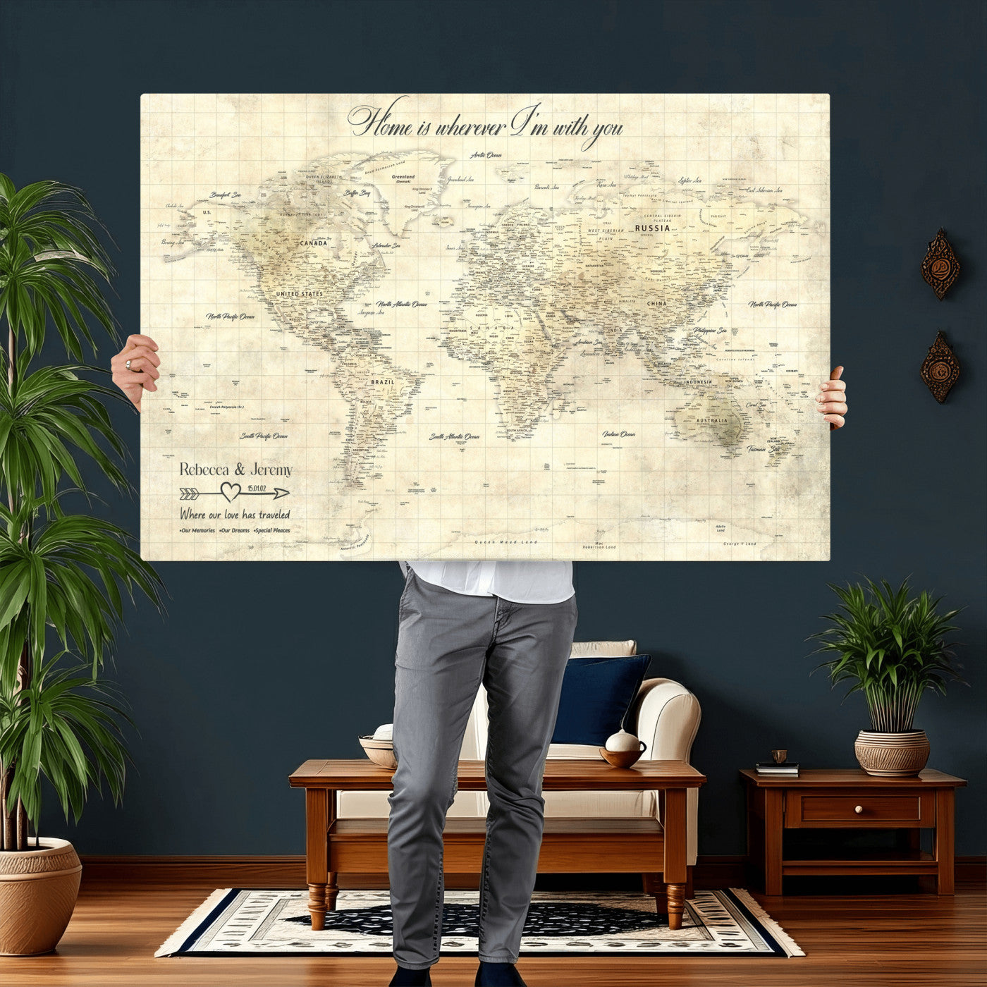30705590-MGV-CV-36X24 - Custom Push Pin World Map Wall Art Canvas Print – Personalized Travel Tracker with Pins Framed Large for Home and Office Decor