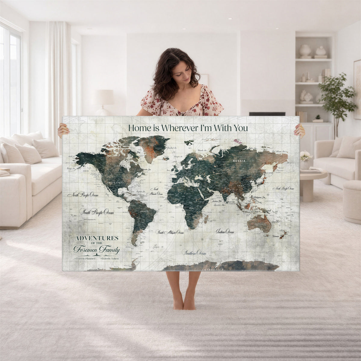98050124-MGV-CV-36X24 - Personalized Beige Modern Push Pin Travel Map Canvas Print, Couples Countries Visited Map, Dining Room and Bedroom Decor