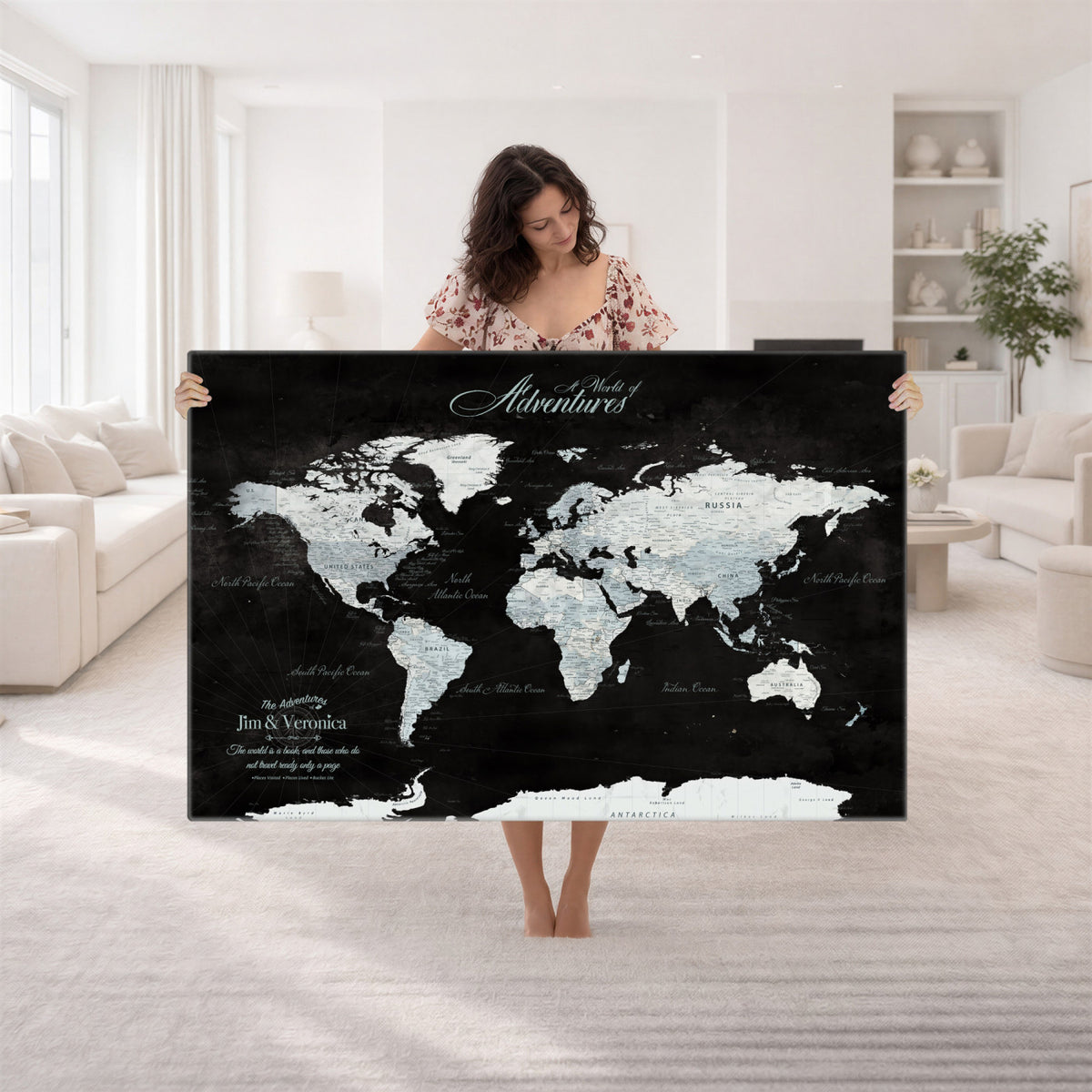 67491071-MGV-CV-36X24 - Custom Beige World Travel Map Wall Art with Pins, Places Visited Tracker, Bedroom and Home Office Decor