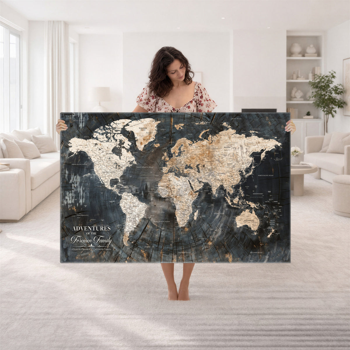 77865338-MGV-CV-36X24 - Personalized Framed Beige Push Pin World Map Canvas Print, Bucket List Map, Living Room and Hallway Decor