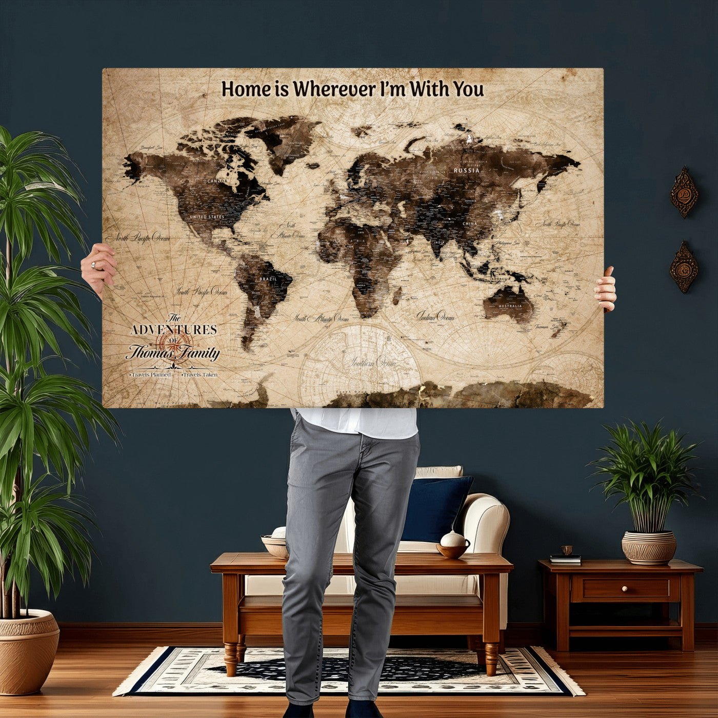 74771891-MGV-CV-36X24 - Custom Push Pin World Map Wall Art Canvas Print – Personalized Travel Tracker with Pins Framed Large for Home and Office Decor