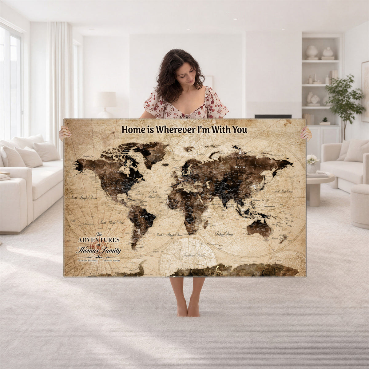 74771891-MGV-CV-36X24 - Personalized Framed Beige Modern World Travel Map Wall Art with Pins, Family Adventure Map, Living Room and Hallway Decor