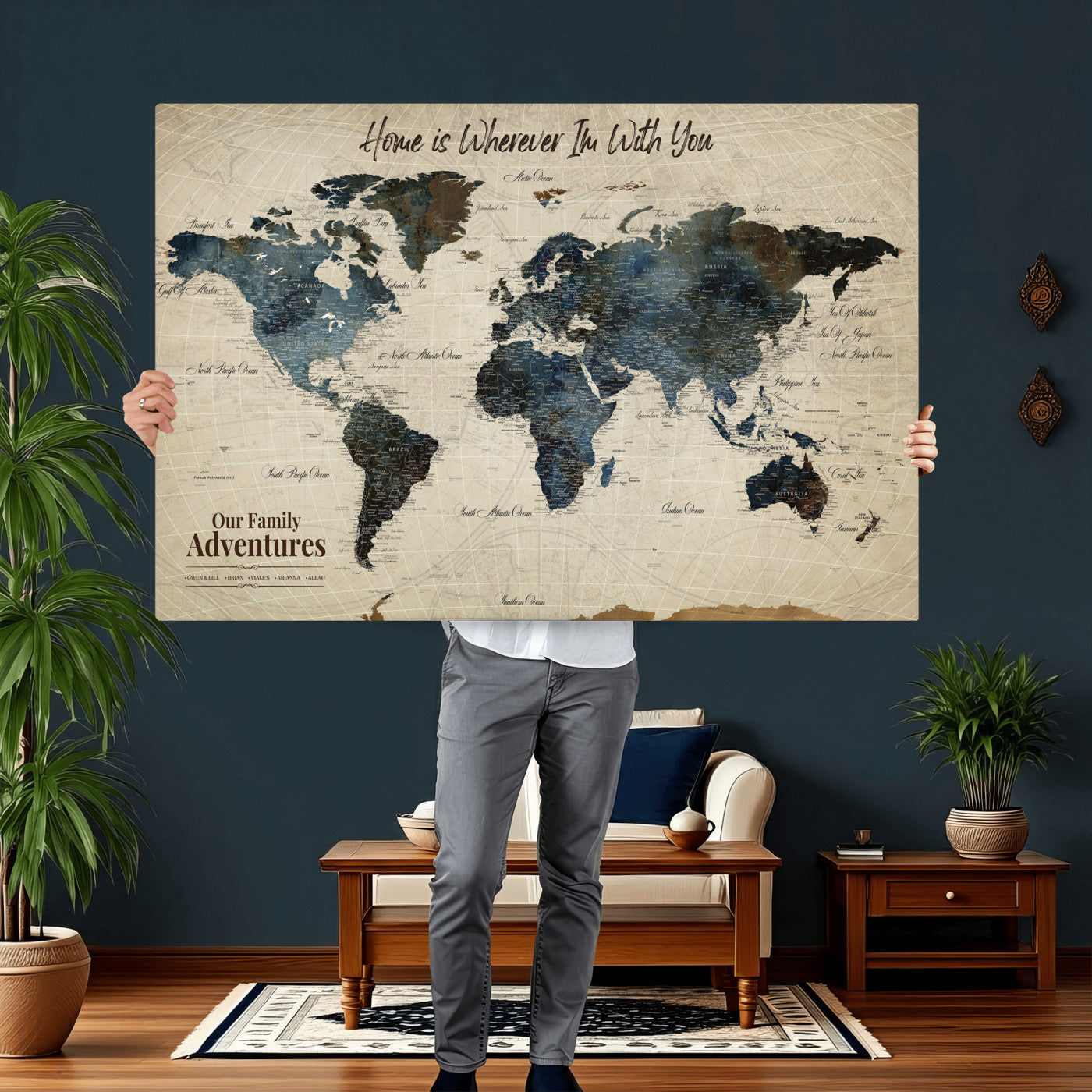 51383535-MGV-CV-36X24 - Custom Push Pin World Map Wall Art Canvas Print – Personalized Travel Tracker with Pins Framed Large for Home and Office Decor