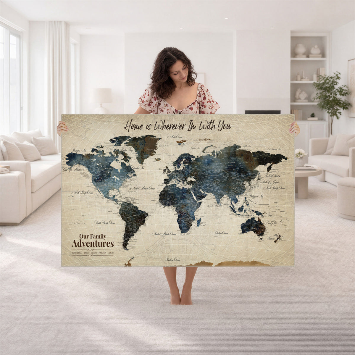51383535-MGV-CV-36X24 - Personalized Framed Black Modern Push Pin Travel Map Canvas Print, Family Travel Tracker, Home Office and Entryway Decor