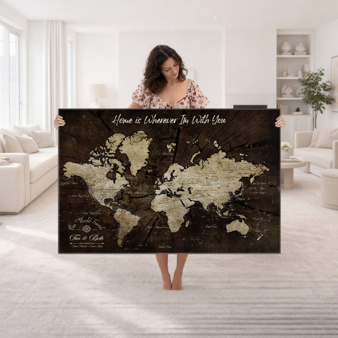 Personalized Watercolor Push Pin World Map Canvas Wall Art, Custom Framed Travel Map - NEWMAP-094