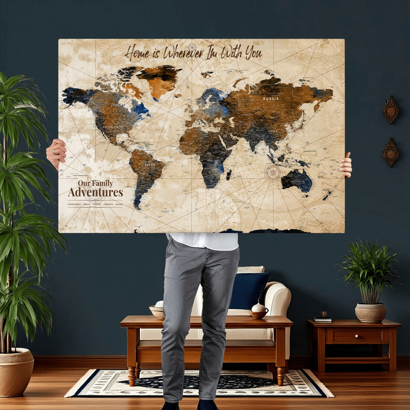 20227642-MGV-CV-36X24 - Custom Push Pin World Map Wall Art Canvas Print – Personalized Travel Tracker with Pins Framed Large for Home and Office Decor