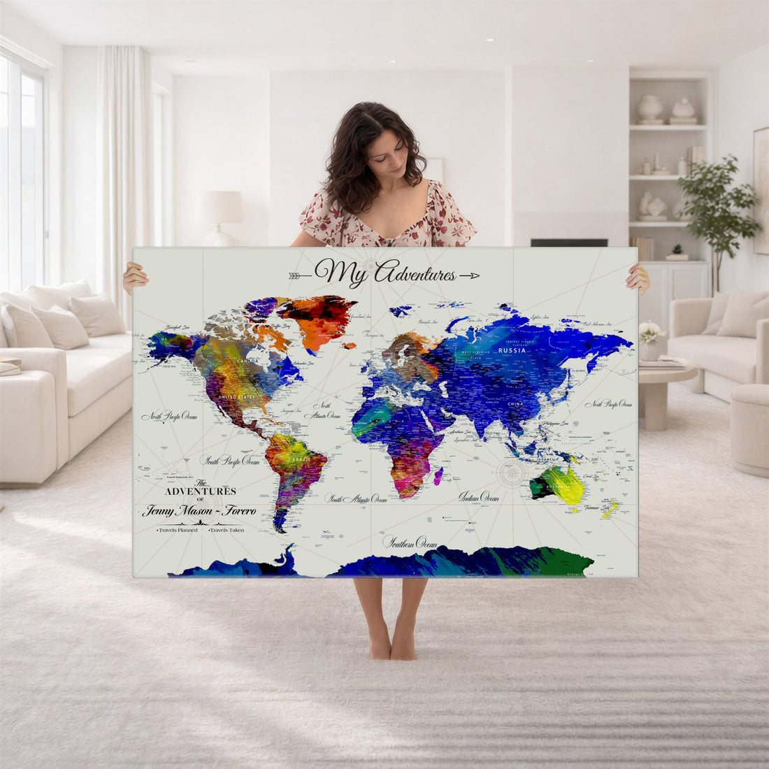 Detailed Custom Framed Beige Modern World Map Canvas with Push Pins, Honeymoon and Anniversary Gift, Dining Room and Home Office Decor