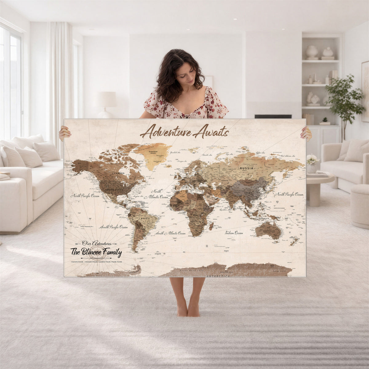 64110351-MGV-CV-36X24 - Custom Framed White Modern World Map Canvas with Push Pins, Places Visited Tracker, Dining Room and Entryway Decor