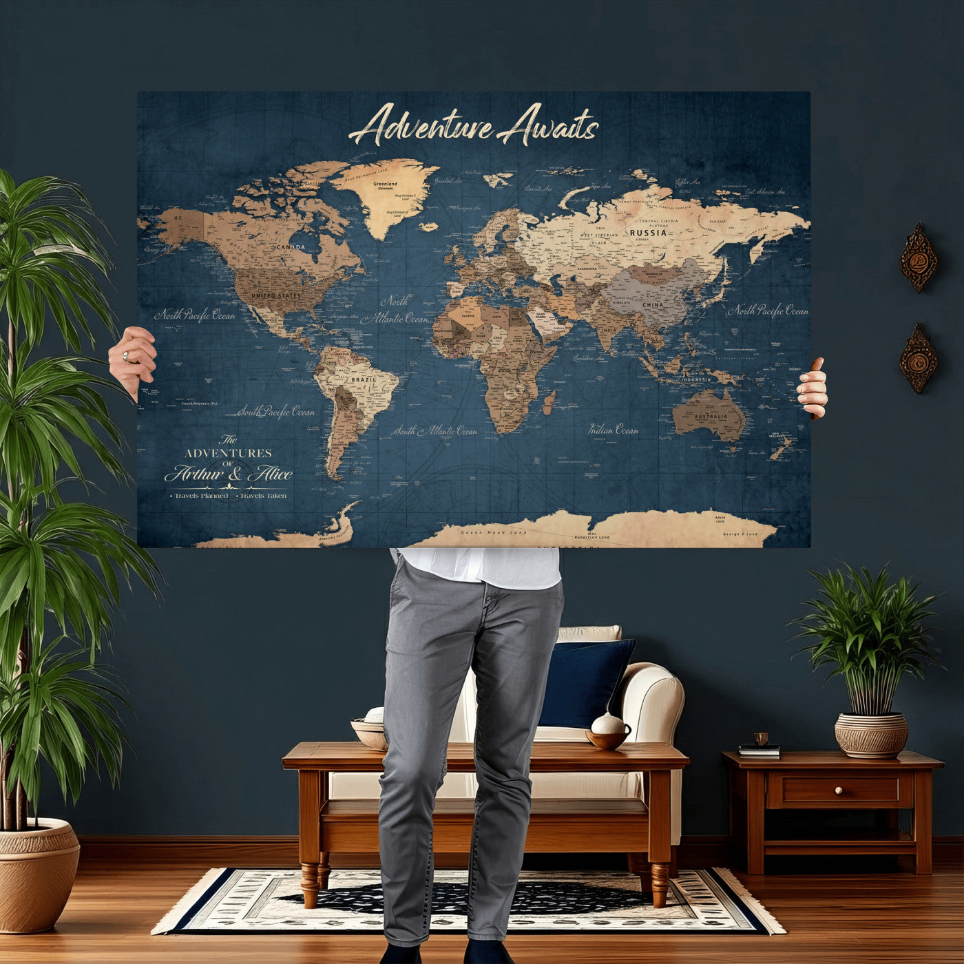 64110391-MGV-CV-36X24 - Custom Push Pin World Map Wall Art Canvas Print – Personalized Travel Tracker with Pins Framed Large for Home and Office Decor