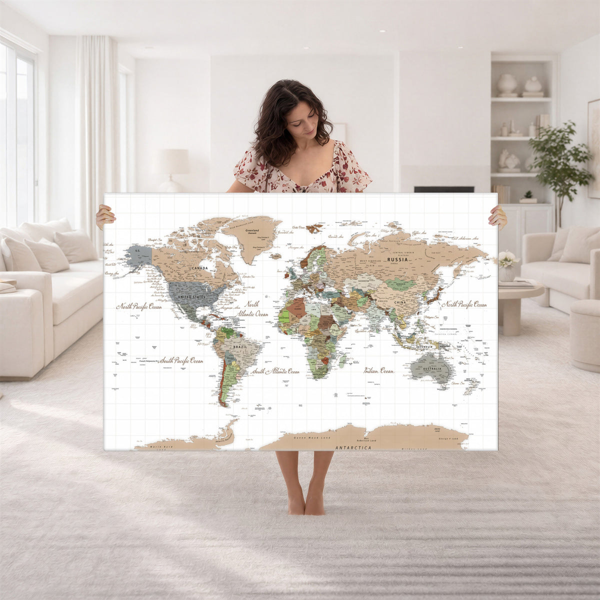 91286788-MGV-CV-36X24 - World Map Wall Art Canvas Print, Modern Decorative Framed Map Artwork Prints for Living Room, Office, Bedroom Wall Decor