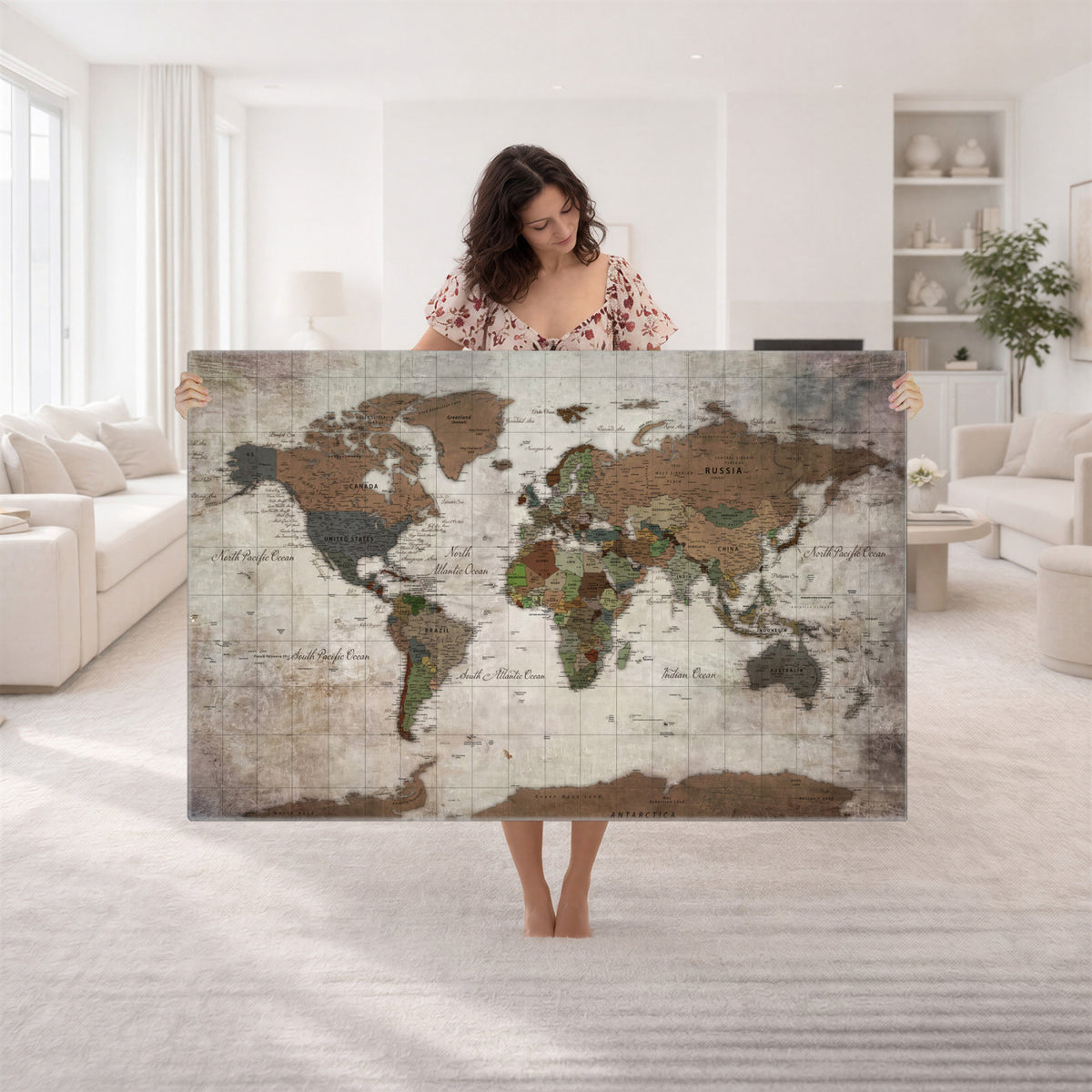 65393892-MGV-CV-36X24 - World Map Wall Art Canvas Print, Modern Decorative Framed Map Artwork Prints for Living Room, Office, Bedroom Wall Decor
