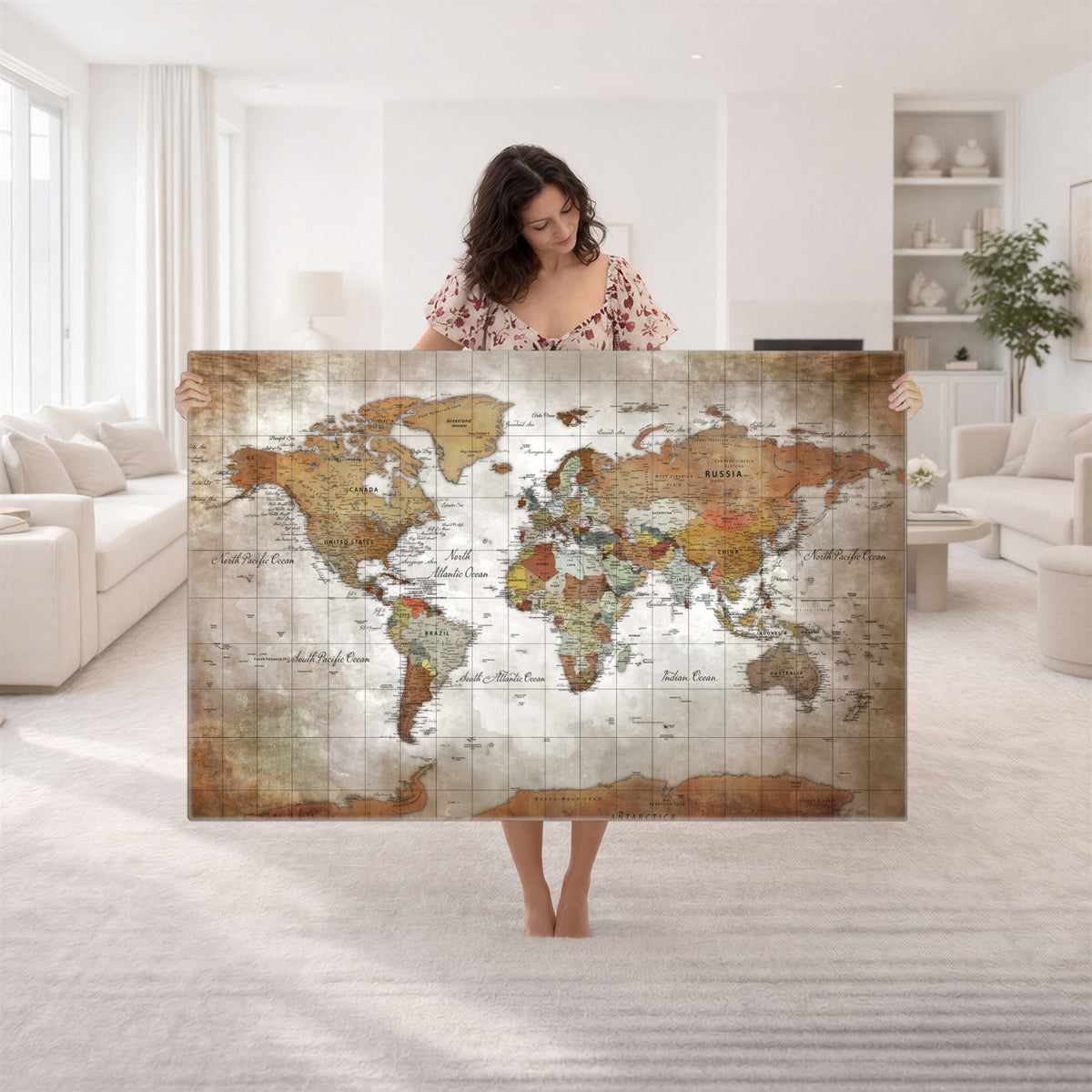 51643807-MGV-CV-36X24 - World Map Wall Art Canvas Print, Modern Decorative Framed Map Artwork Prints for Living Room, Office, Bedroom Wall Decor