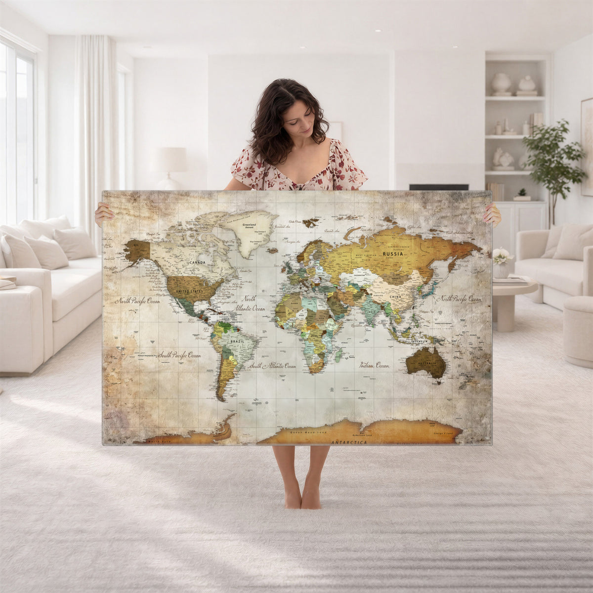 86108417-MGV-CV-36X24 - World Map Wall Art Canvas Print, Modern Decorative Framed Map Artwork Prints for Living Room, Office, Bedroom Wall Decor