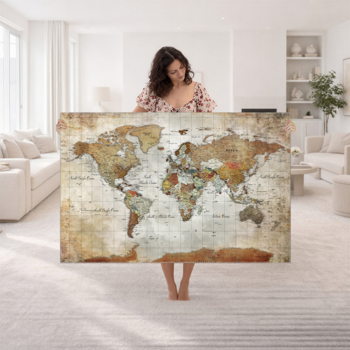 19855445-MGV-CV-36X24 - Custom Framed Modern Push Pin World Map Wall Art, Places Visited Tracker, Home Office and Entryway Decor