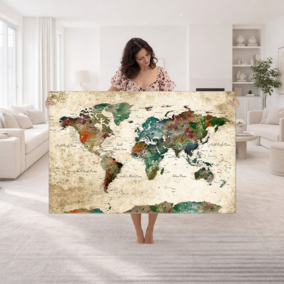 87544591-MGV-CV-36X24 - World Map Wall Art Canvas Print, Modern Decorative Framed Map Artwork Prints for Living Room, Office, Bedroom Wall Decor