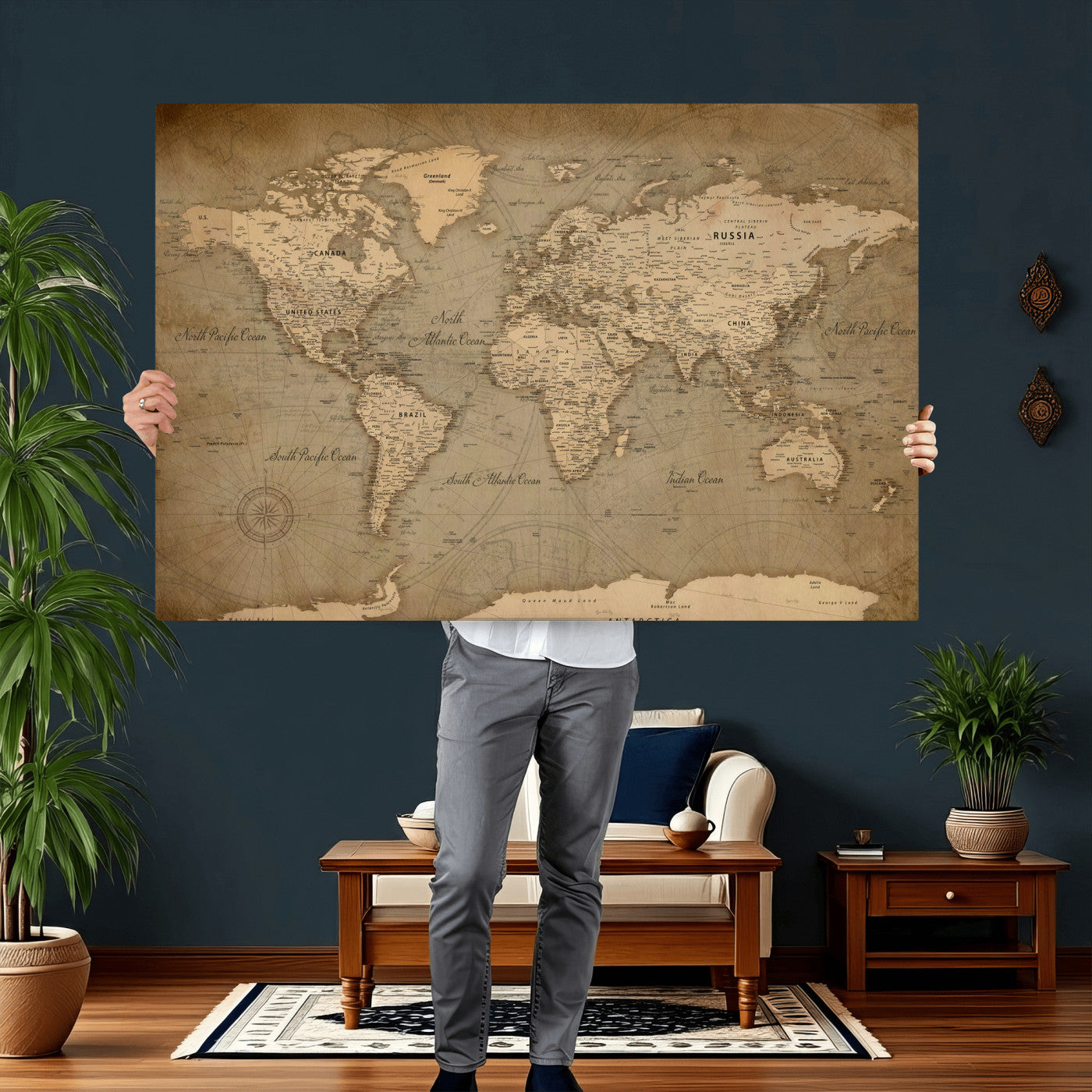 49946617-MGV-CV-36X24 - World Map Wall Art Canvas Print, Modern Decorative Framed Map Artwork Prints for Living Room, Office, Bedroom Wall Decor