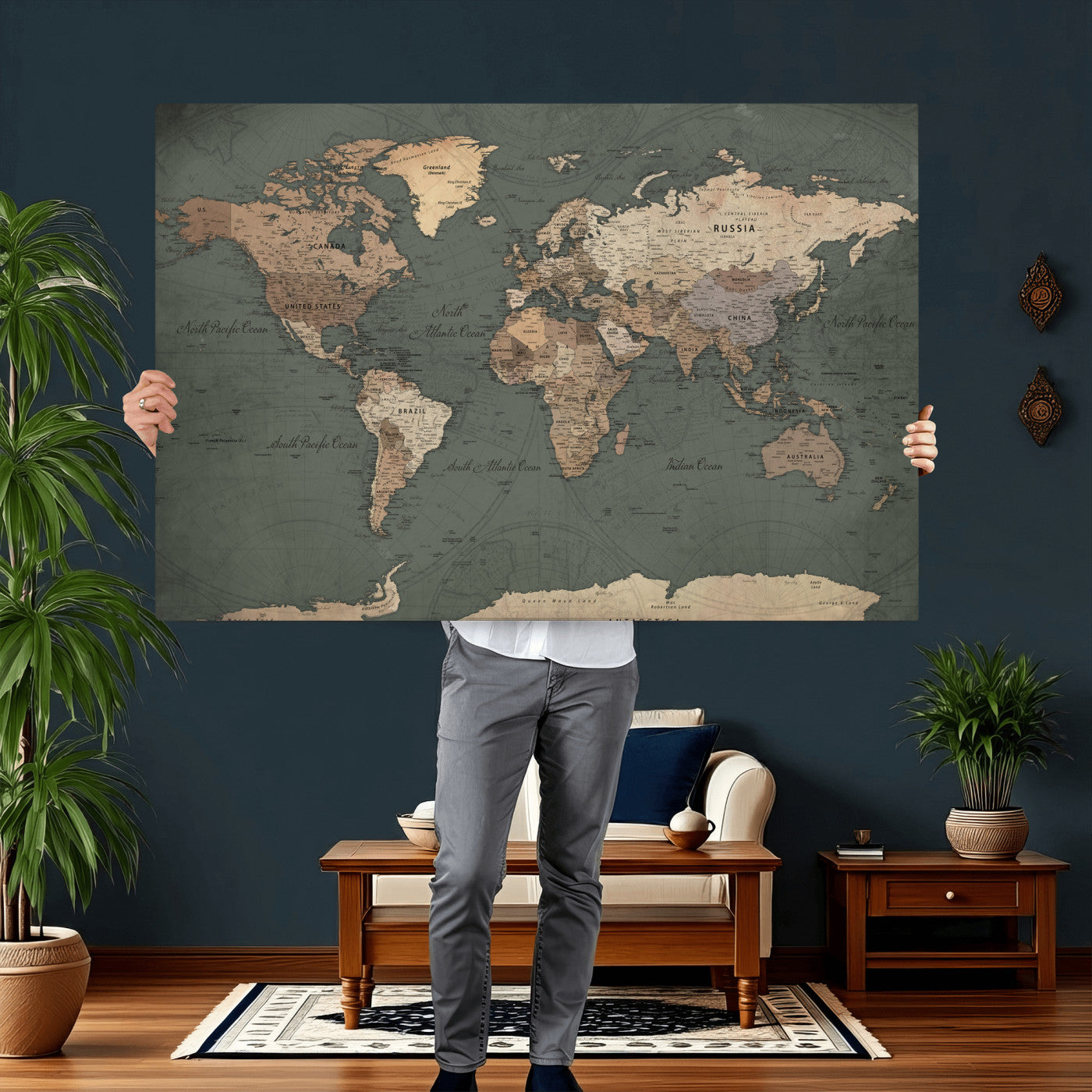 84619399-MGV-CV-36X24 - World Map Wall Art Canvas Print, Modern Decorative Framed Map Artwork Prints for Living Room, Office, Bedroom Wall Decor
