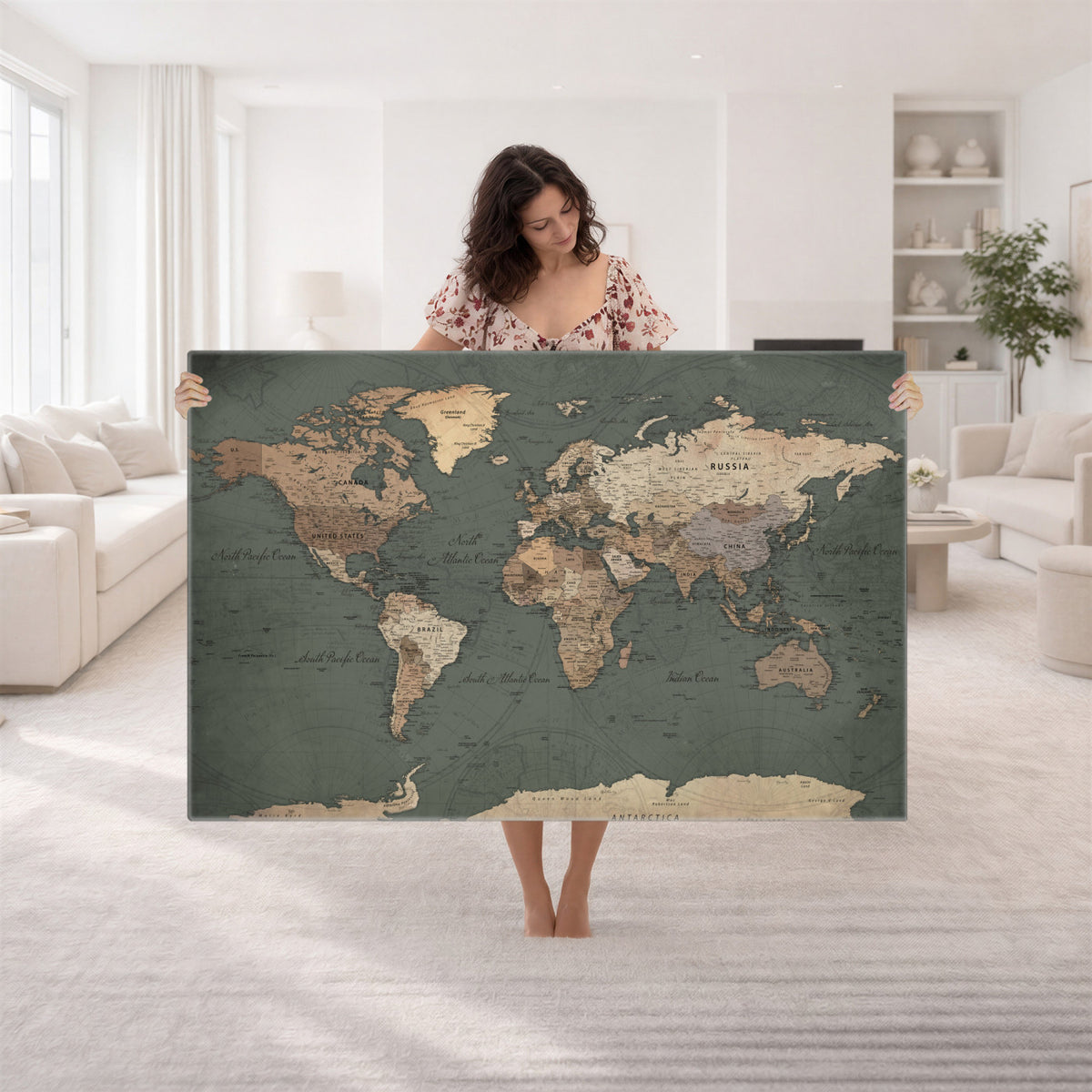 84619399-MGV-CV-36X24 - World Map Wall Art Canvas Print, Modern Decorative Framed Map Artwork Prints for Living Room, Office, Bedroom Wall Decor
