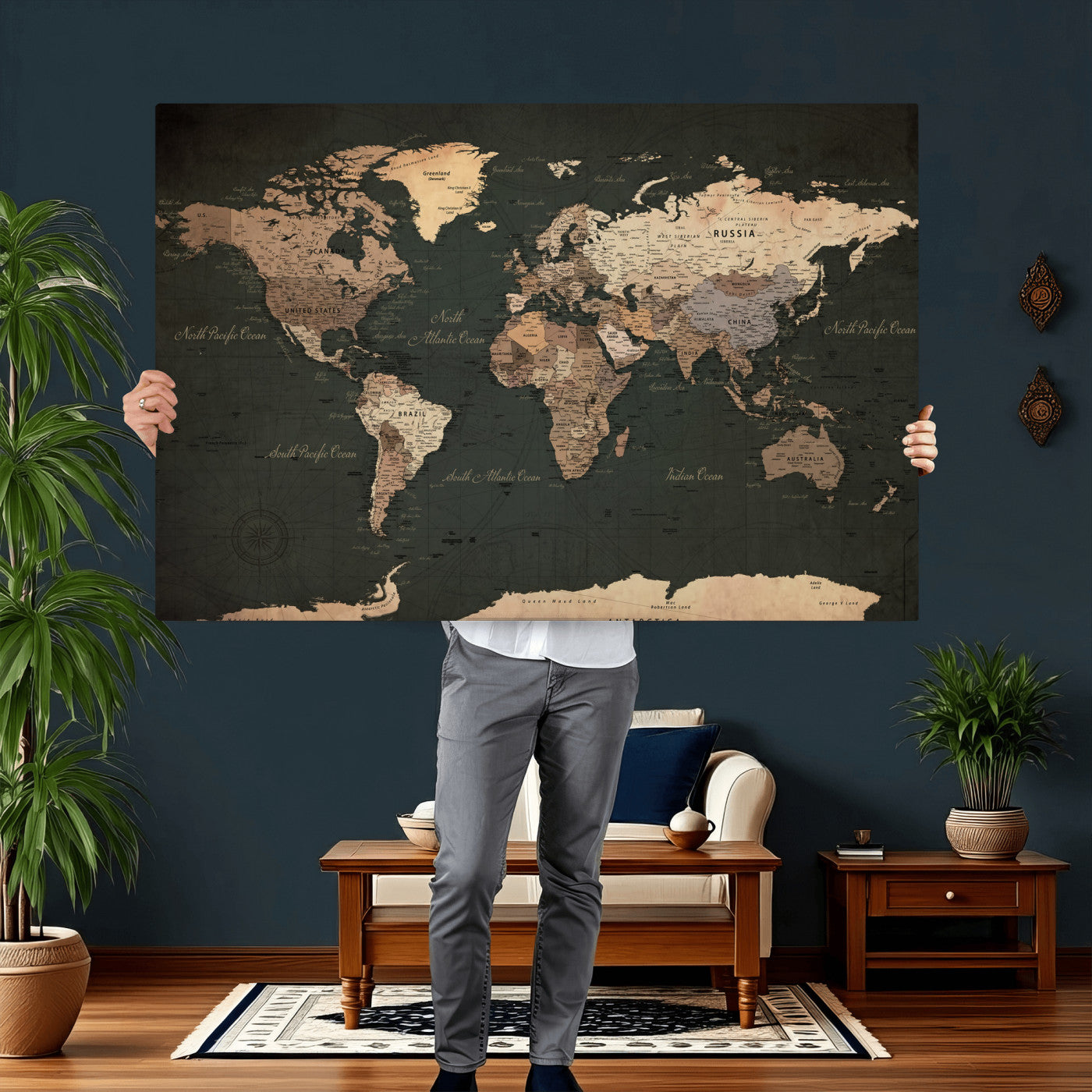 62059333-MGV-CV-36X24 - World Map Wall Art Canvas Print, Modern Decorative Framed Map Artwork Prints for Living Room, Office, Bedroom Wall Decor