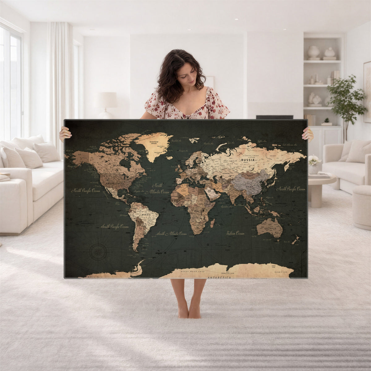 62059333-MGV-CV-36X24 - World Map Wall Art Canvas Print, Modern Decorative Framed Map Artwork Prints for Living Room, Office, Bedroom Wall Decor
