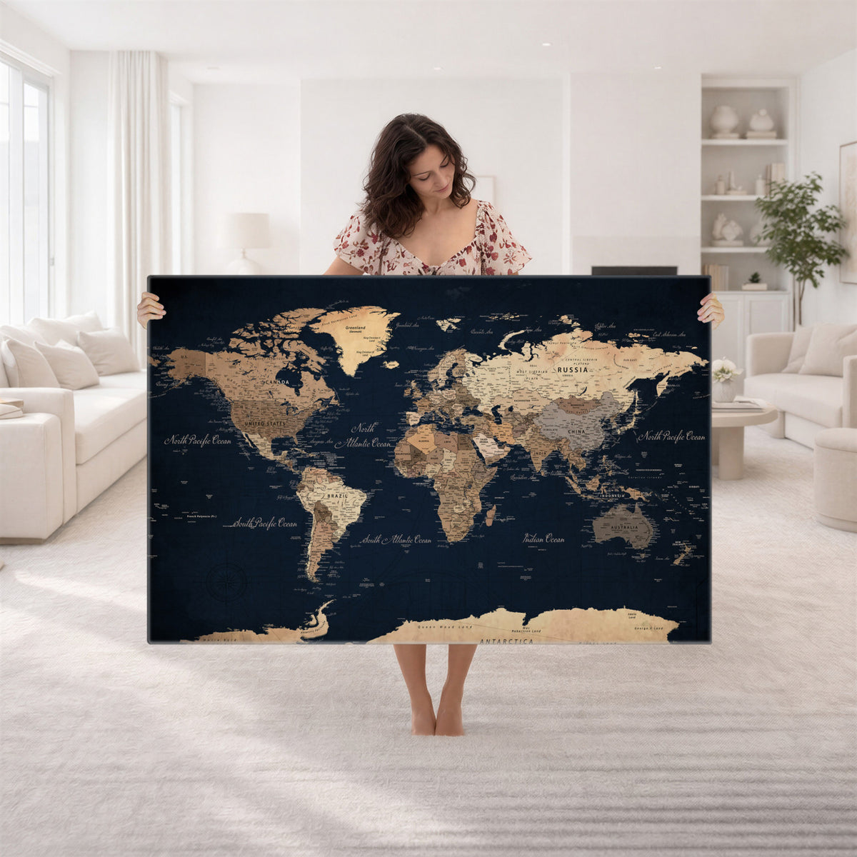 53971530-MGV-CV-36X24 - World Map Wall Art Canvas Print, Modern Decorative Framed Map Artwork Prints for Living Room, Office, Bedroom Wall Decor