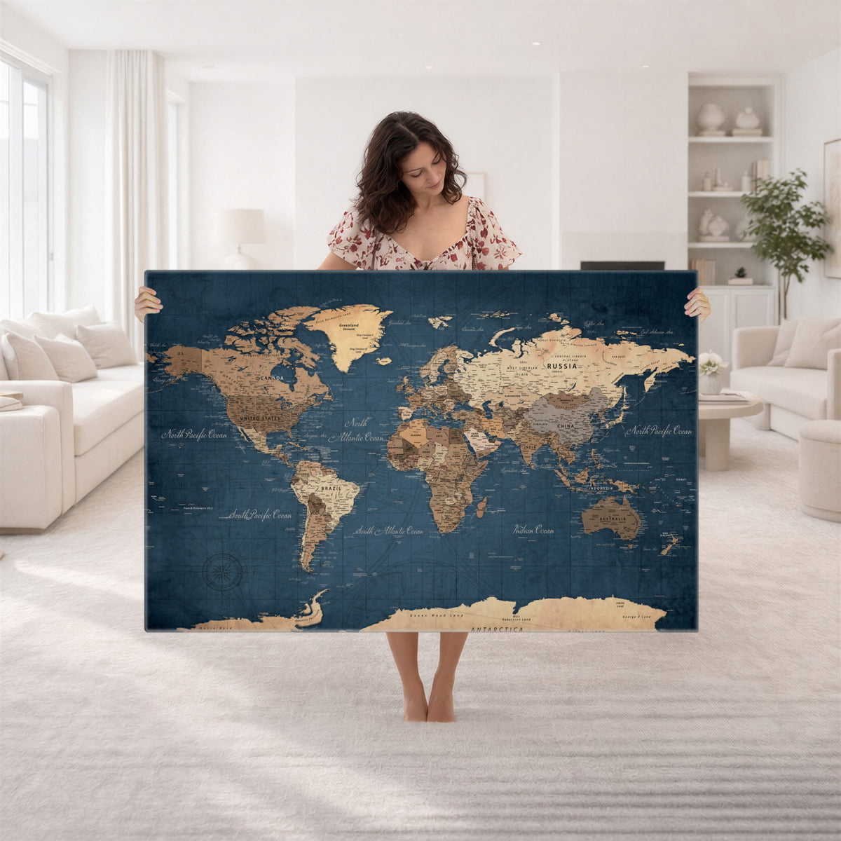 69886352-MGV-CV-36X24 - World Map Wall Art Canvas Print, Modern Decorative Framed Map Artwork Prints for Living Room, Office, Bedroom Wall Decor