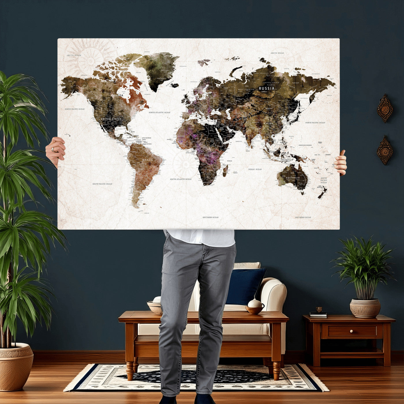 77651968-MGV-CV-36X24 - World Map Wall Art Canvas Print, Modern Decorative Framed Map Artwork Prints for Living Room, Office, Bedroom Wall Decor