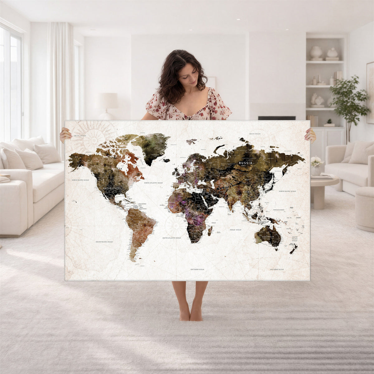 77651968-MGV-CV-36X24 - Watercolor World Map Print - Large Wall Art Canvas Print for
