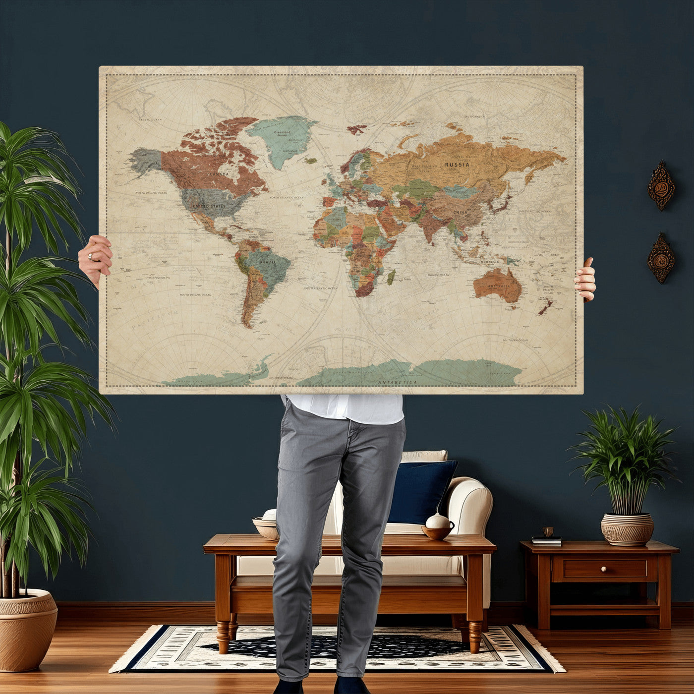 68428598-MGV-CV-36X24 - World Map Wall Art Canvas Print, Modern Decorative Framed Map Artwork Prints for Living Room, Office, Bedroom Wall Decor