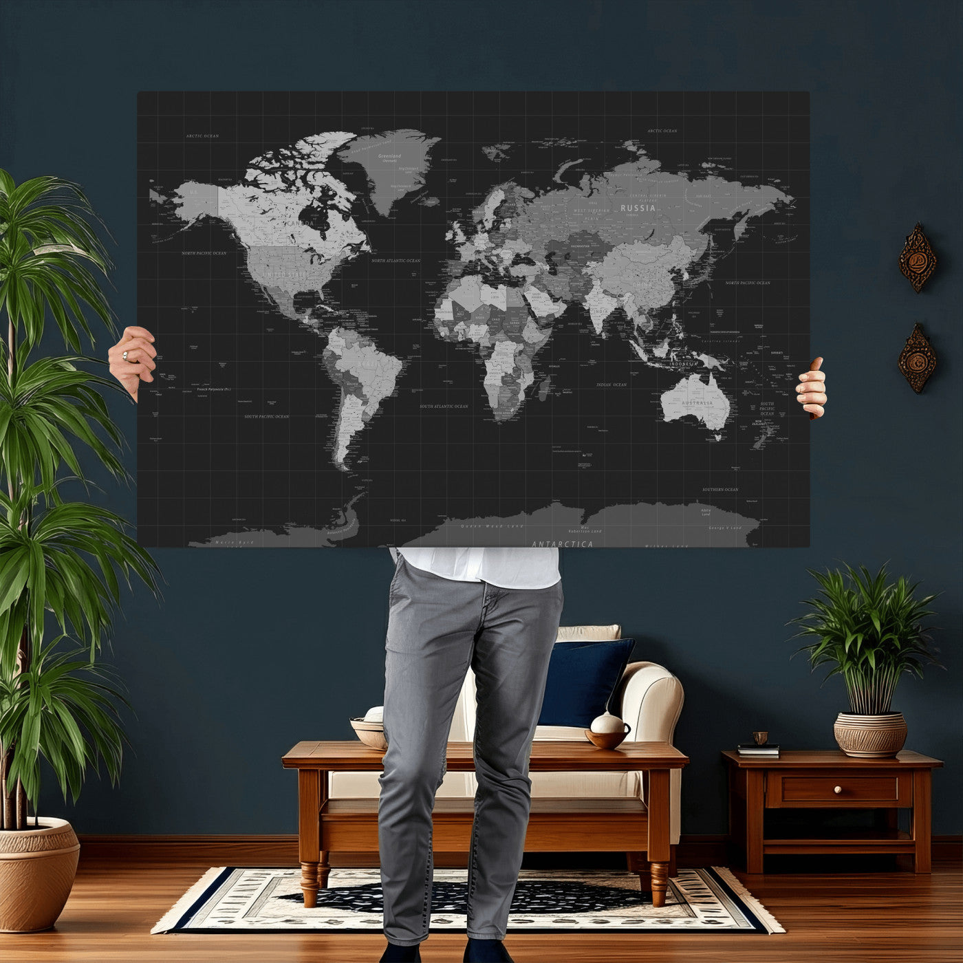 46160121-MGV-CV-36X24 - World Map Wall Art Canvas Print, Modern Decorative Framed Map Artwork Prints for Living Room, Office, Bedroom Wall Decor