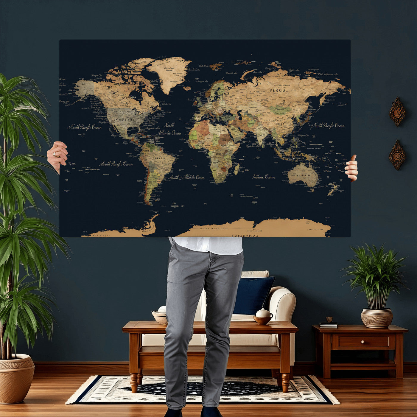 94449133-MGV-CV-36X24 - World Map Wall Art Canvas Print, Modern Decorative Framed Map Artwork Prints for Living Room, Office, Bedroom Wall Decor