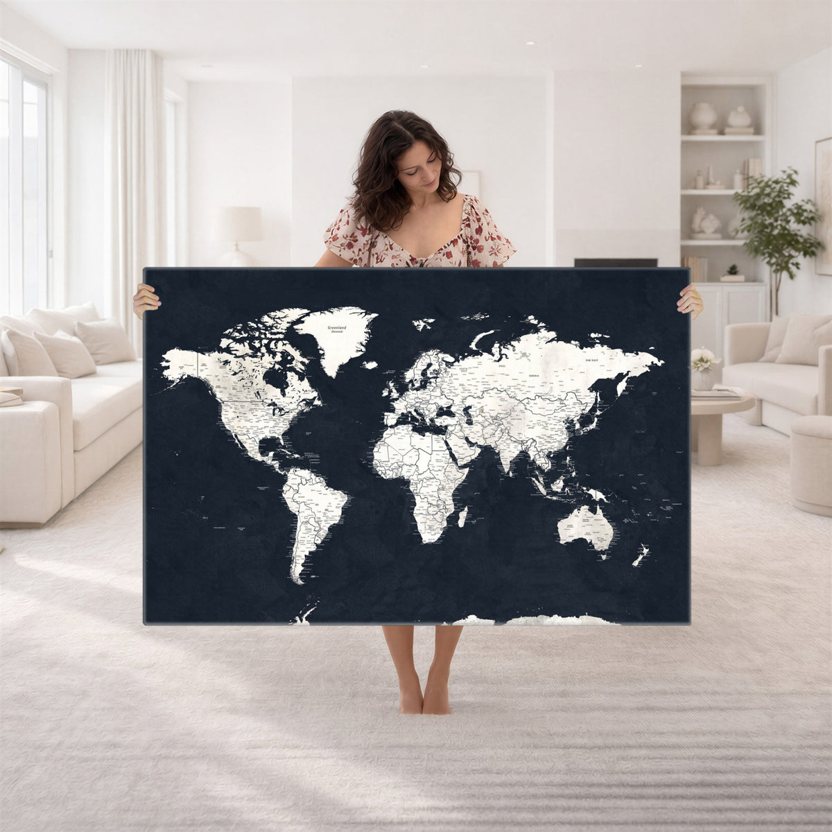 11963807-MGV-CV-36X24 - Black World Map Wall Art Canvas Print for Home Office and Meeting Room Decor