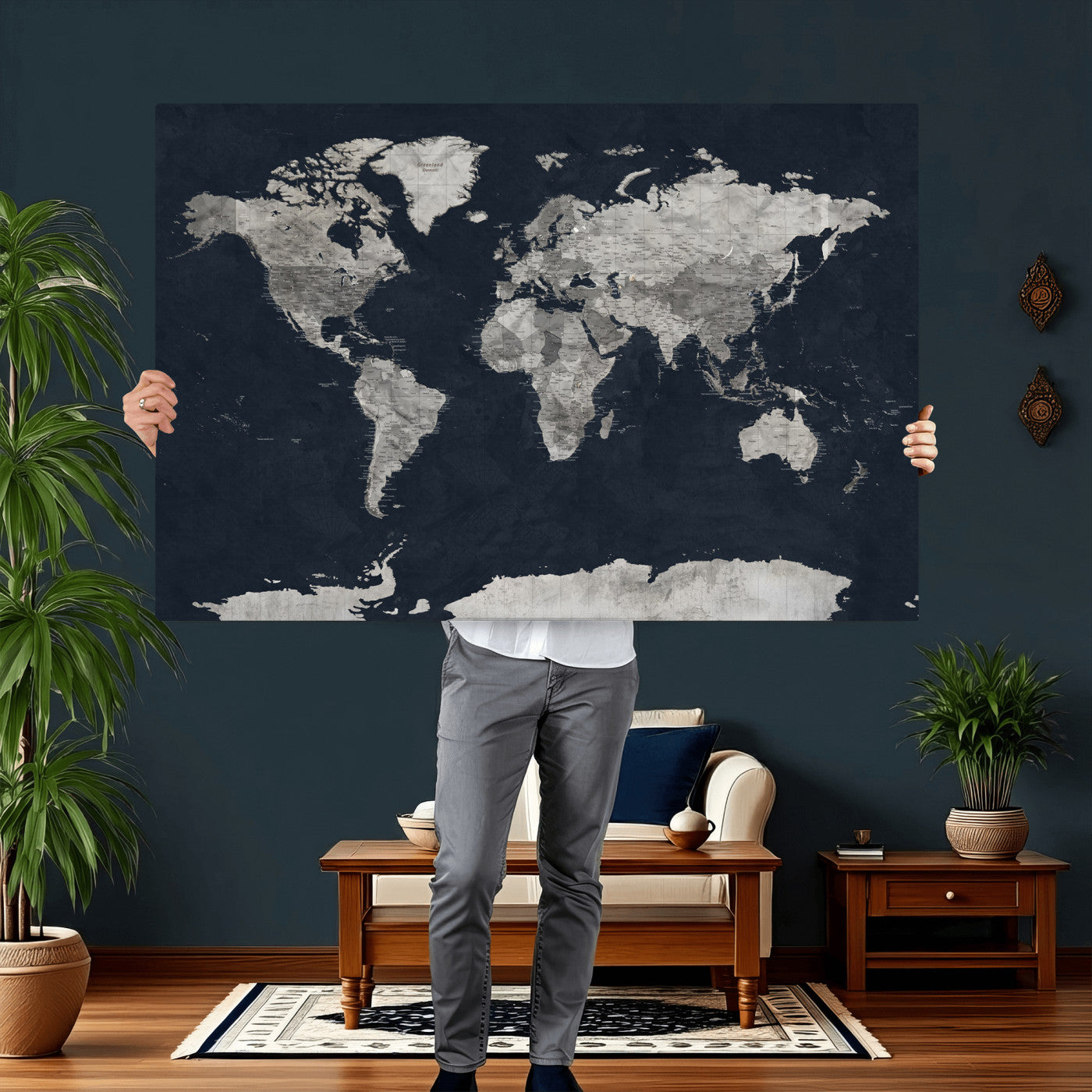 53886659-MGV-CV-36X24 - World Map Wall Art Canvas Print, Modern Decorative Framed Map Artwork Prints for Living Room, Office, Bedroom Wall Decor