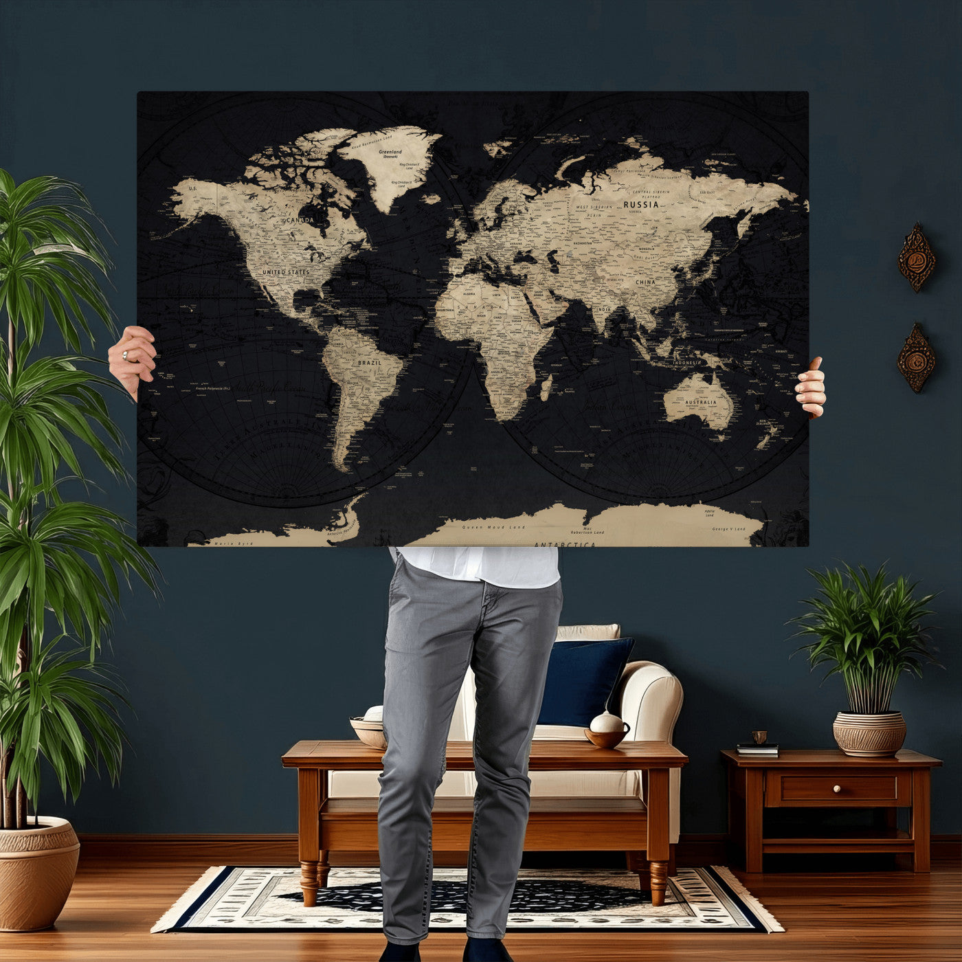 61835687-MGV-CV-36X24 - World Map Wall Art Canvas Print, Modern Decorative Framed Map Artwork Prints for Living Room, Office, Bedroom Wall Decor