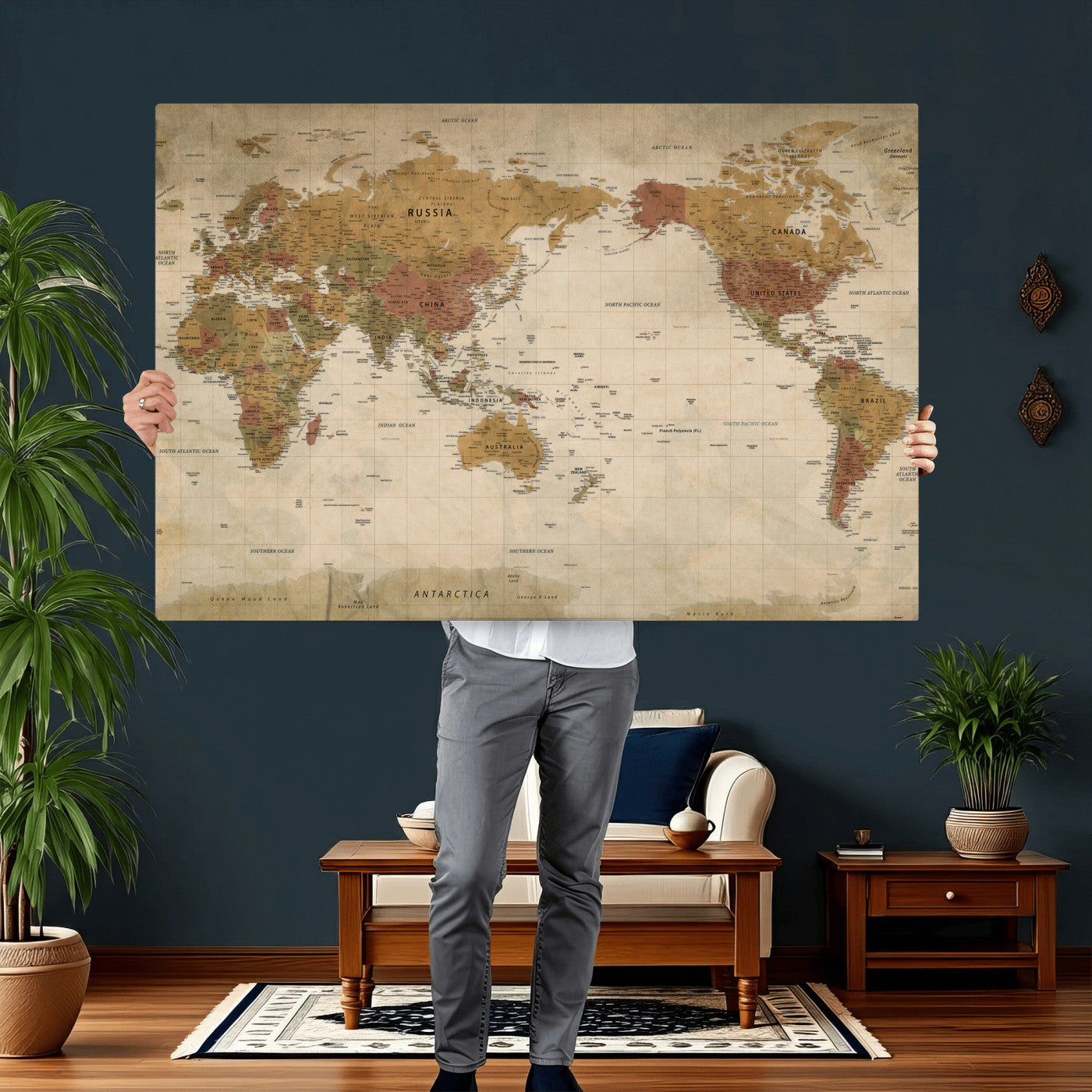 83478963-MGV-CV-36X24 - World Map Wall Art Canvas Print, Modern Decorative Framed Map Artwork Prints for Living Room, Office, Bedroom Wall Decor